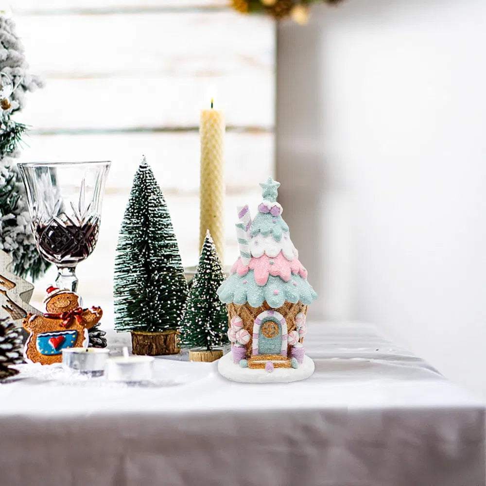 Gingerbread House Christmas Decoration, Pastel Pink and Blue Resin Tabletop Village House Decor
