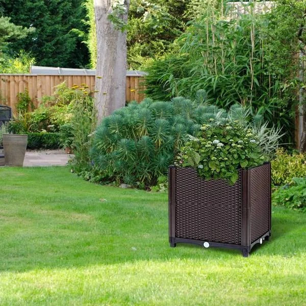 Raised Garden Bed Planter Box, Brown Self-Watering Elevated Plastic Planter for Patio, Balcony and Deck, 11.8 x 11.8 x 13.8 in