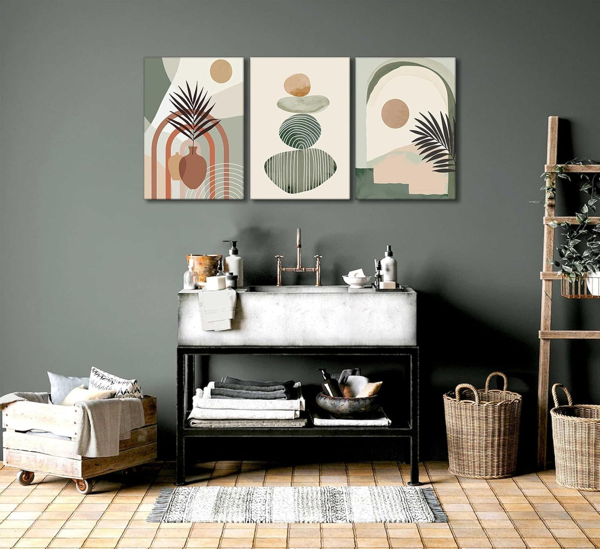 Boho Abstract Canvas Wall Art Set of 3, Framed Sage Green Botanical Prints, 12 x 16 in, Ready to Hang