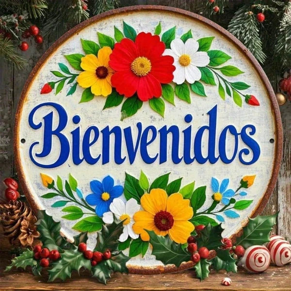 Bienvenidos Welcome Sign, Round Metal Floral Wall Plaque, 7.87 Inch Rustic Spanish Front Door Decor