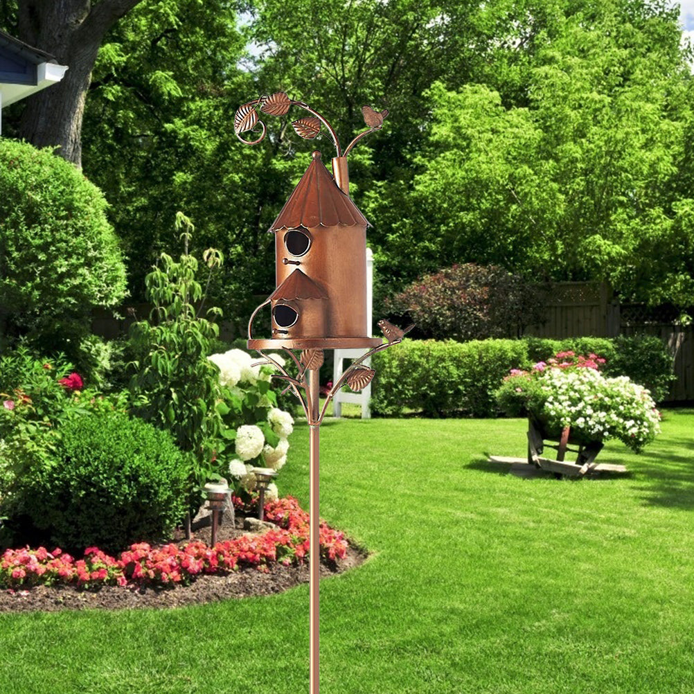 Metal Birdhouse Garden Stake, Cottage Style Bird House With Pole for Yard and Patio Decor