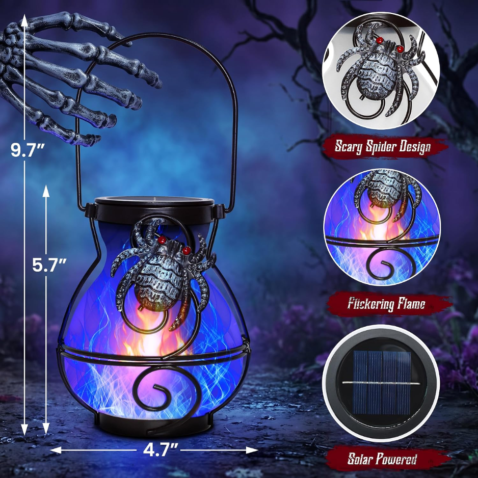 Halloween Solar Spider Lanterns, 2 Pack Hanging Outdoor Lights With Flickering Blue Flame, Waterproof Patio Decor
