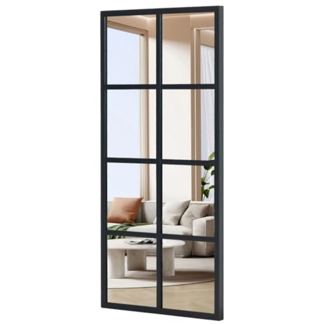 Window Pane Wall Mirror, Black Metal Frame Rectangular Grid Mirror for Living Room, Bedroom or Entryway
