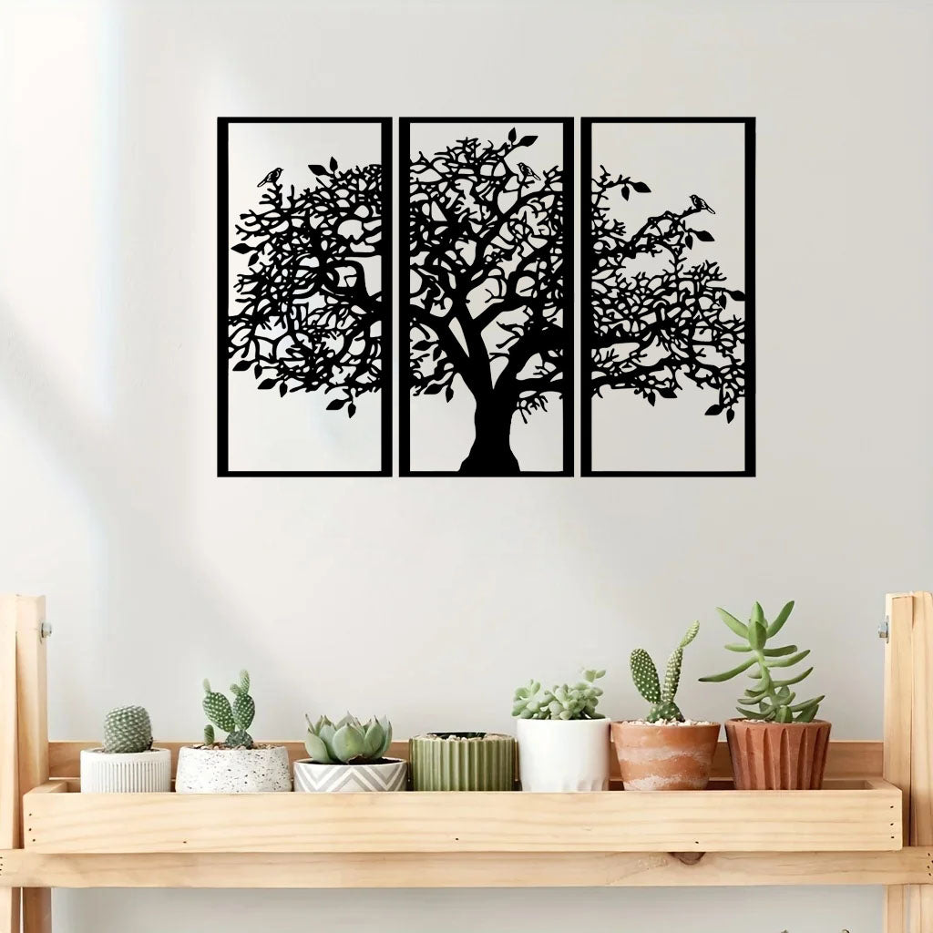 3-Piece Tree of Life Metal Wall Art, Black Wrought Iron Triptych Wall Hanging Decor
