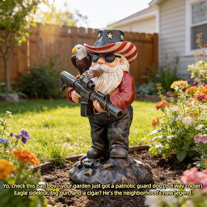 Military Gnome Figurine 4.8 Inch Resin Garden Statue, Patriotic Soldier Tabletop Decoration