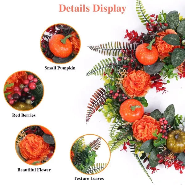 Autumn Wreath With Pumpkins, Berries and Flowers, 17.71" Fall Front Door Wreath for Indoor and Outdoor Decor