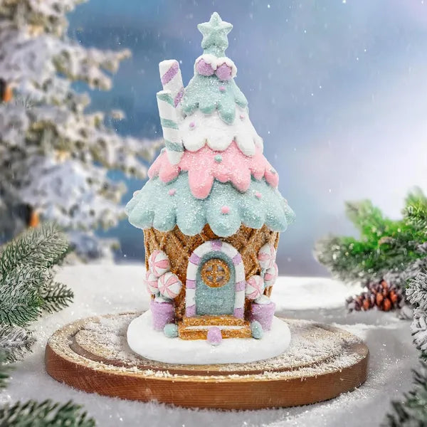Gingerbread House Christmas Decoration, Pastel Pink and Blue Resin Tabletop Village House Decor