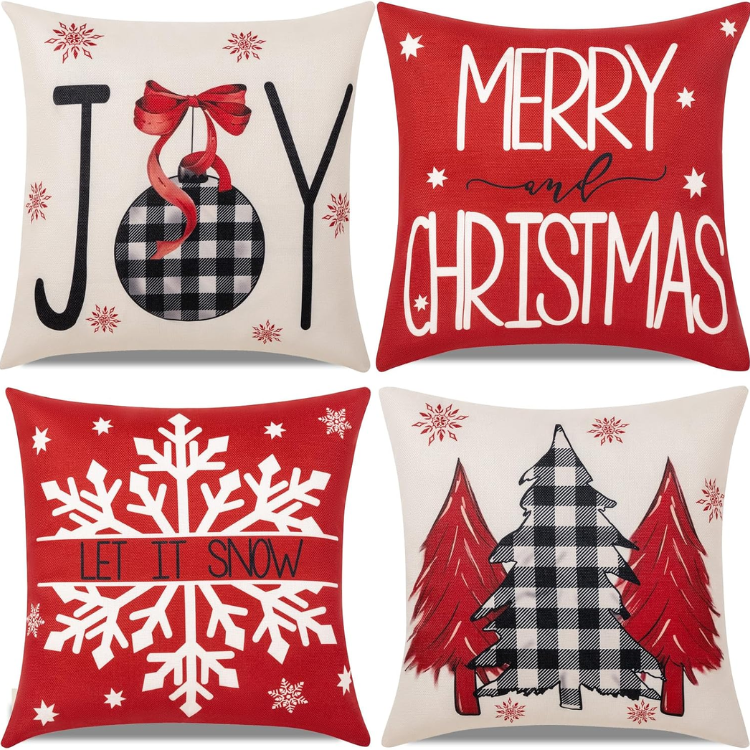 Christmas Throw Pillow Covers, Set of 4 Red and White 18x18 Inch Polyester Linen Cushion Cases with Joy, Snowflake and Tree Designs