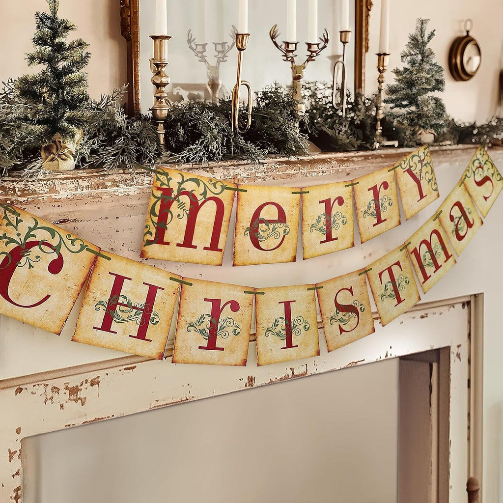 Vintage Merry Christmas Banner, Rustic Distressed Paperboard Holiday Garland for Fireplace, Mantel, and Wall Decor