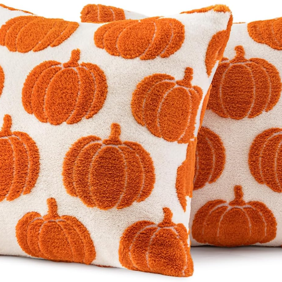 Pumpkin Throw Pillow Covers, Set of 2, 18x18 Orange Plush Fall Decor Cushion Cases