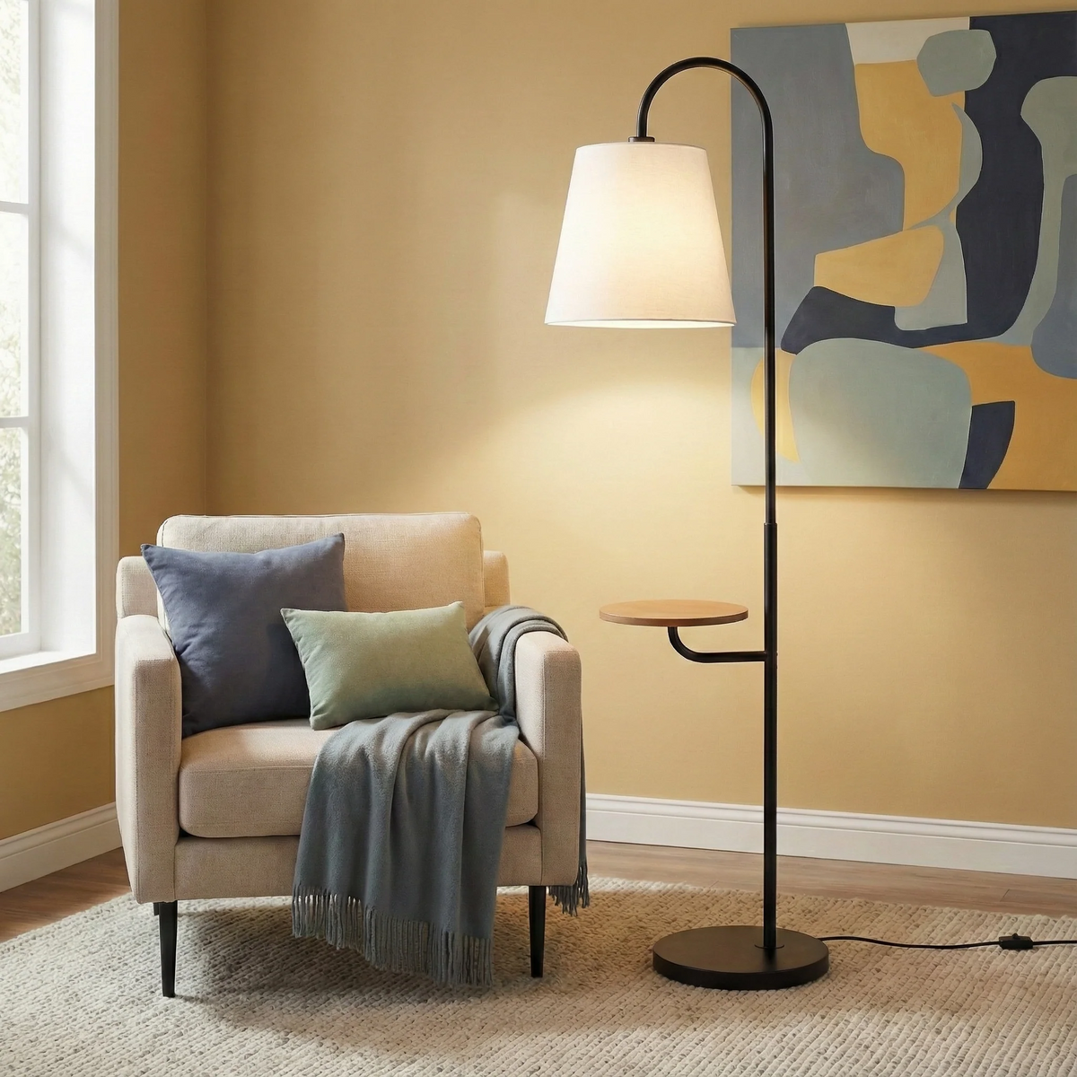 Arched Floor Lamp With Wood Side Table, Black Metal Base and White Linen Shade, 60 in.