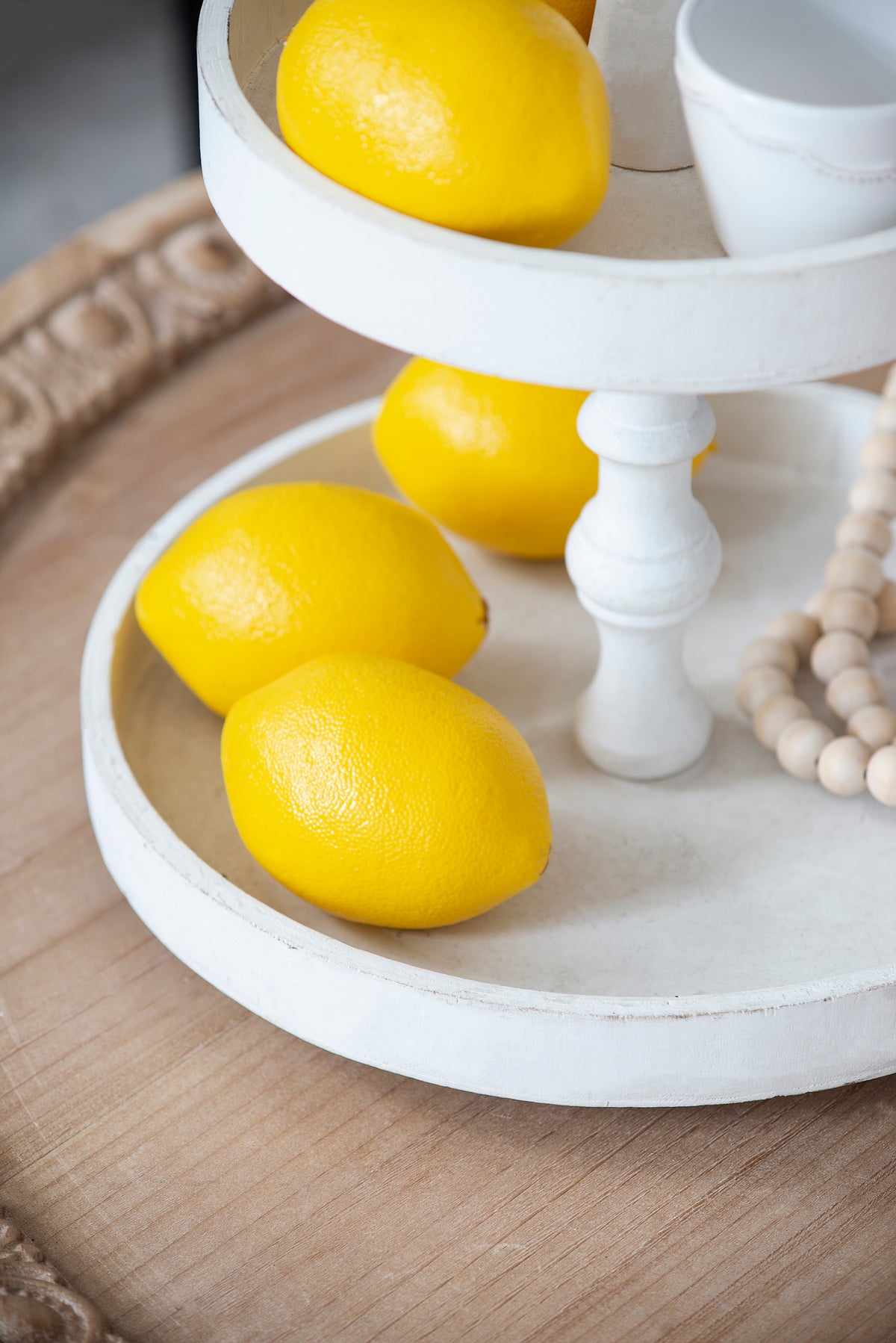 Two-Tiered Round Wooden Tray, White Farmhouse Tiered Serving Stand, 11.8 x 15.4 in.