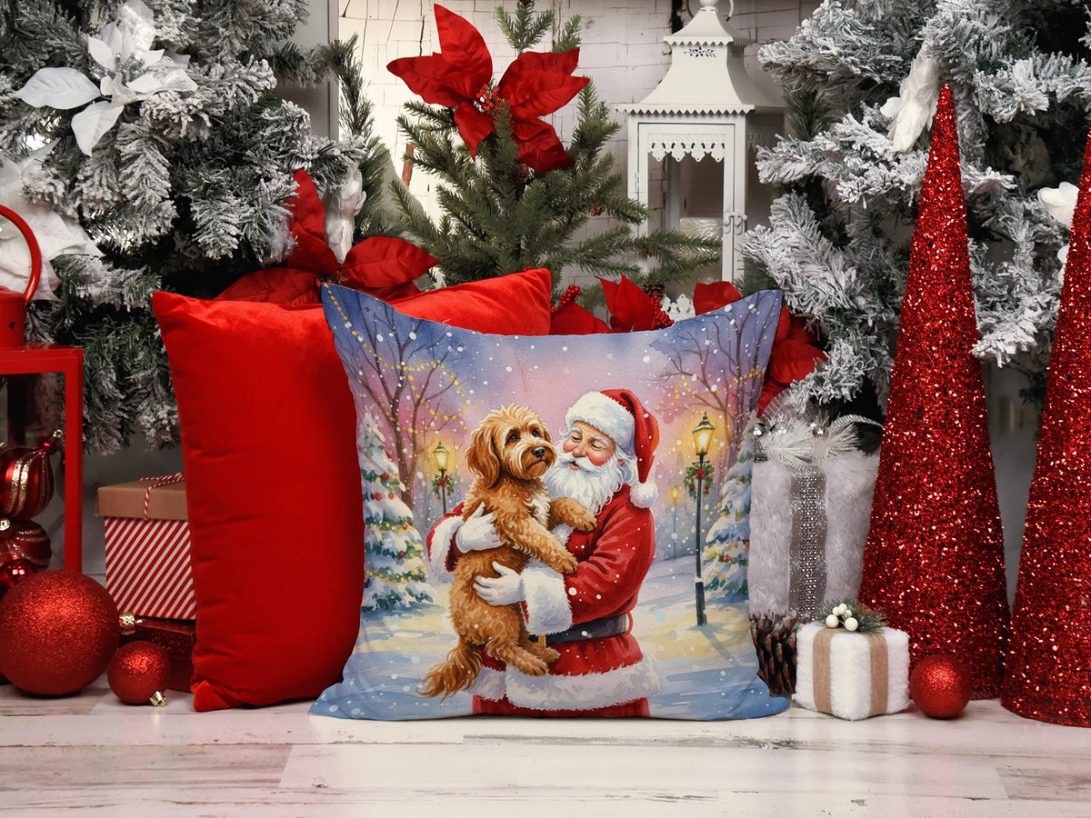 Labradoodle With Santa Throw Pillow, 14x14 Water-Resistant Indoor Outdoor Christmas Accent Cushion for Couch or Patio