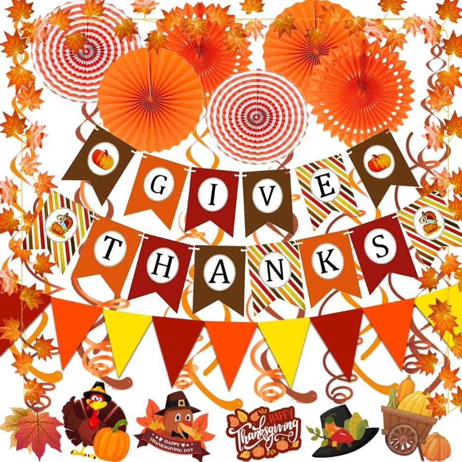 Thanksgiving Party Decoration Set, Give Thanks Banner, Paper Fans, Maple Leaf Garlands, Swirl Streamers and Triangle Bunting