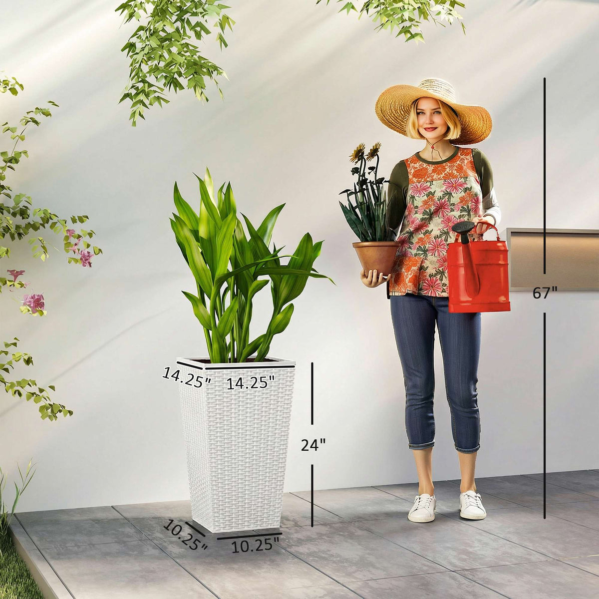 Tall Planters for Outdoor Plants, Set of 3, 24" White Rattan-Style Tapered Plant Pots with Drainage Holes