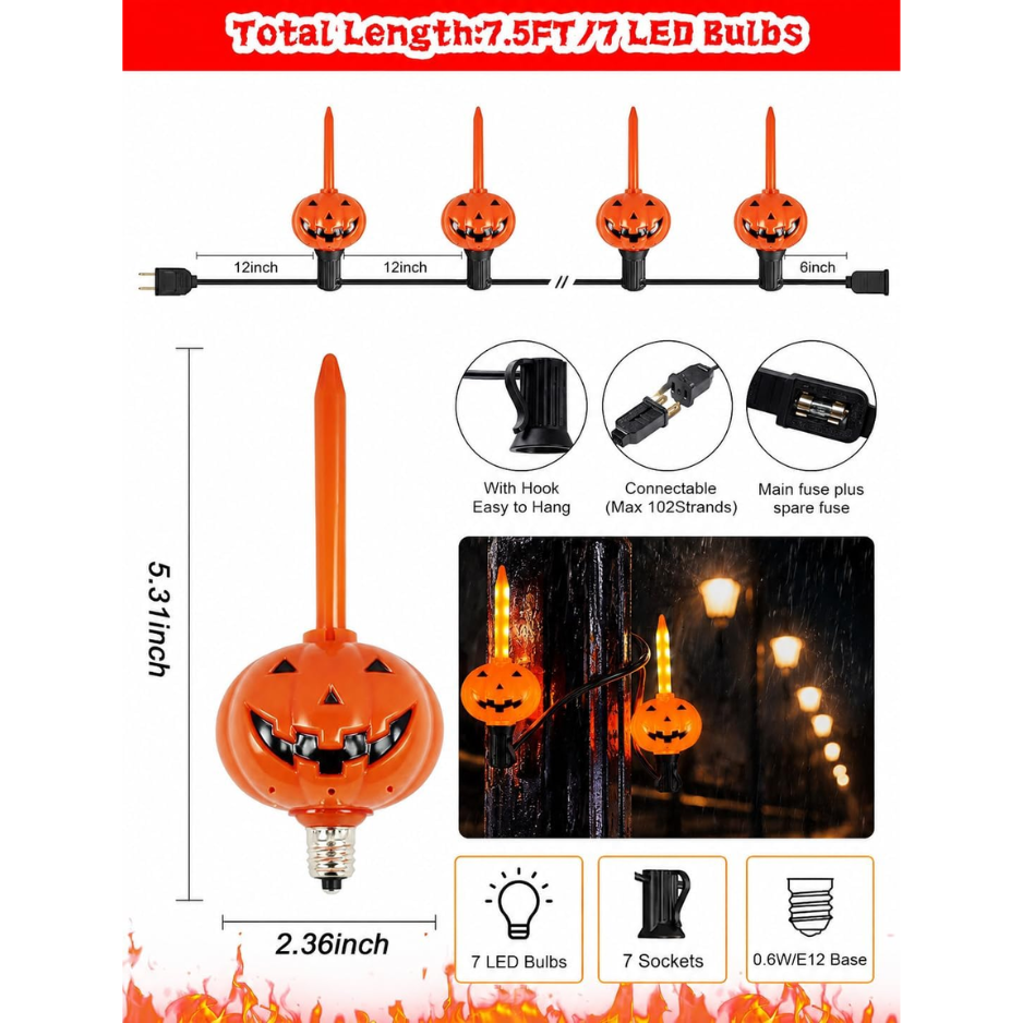 Halloween Pumpkin Bubble String Lights, 7.5 Ft Jack O' Lantern LED Lights, Connectable Indoor Outdoor Porch Decor