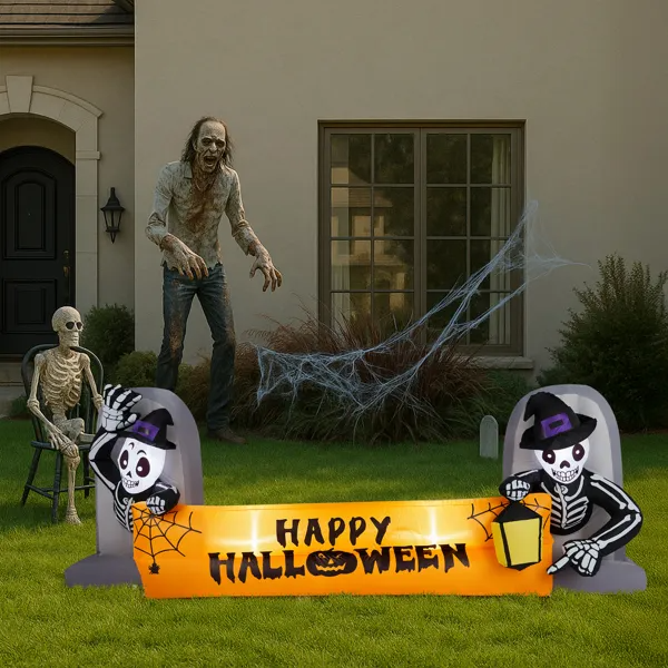 Halloween Inflatable Skeleton Tombstone Banner, 9.6 FT Lighted Outdoor Yard Decoration With 4 Built-In LEDs