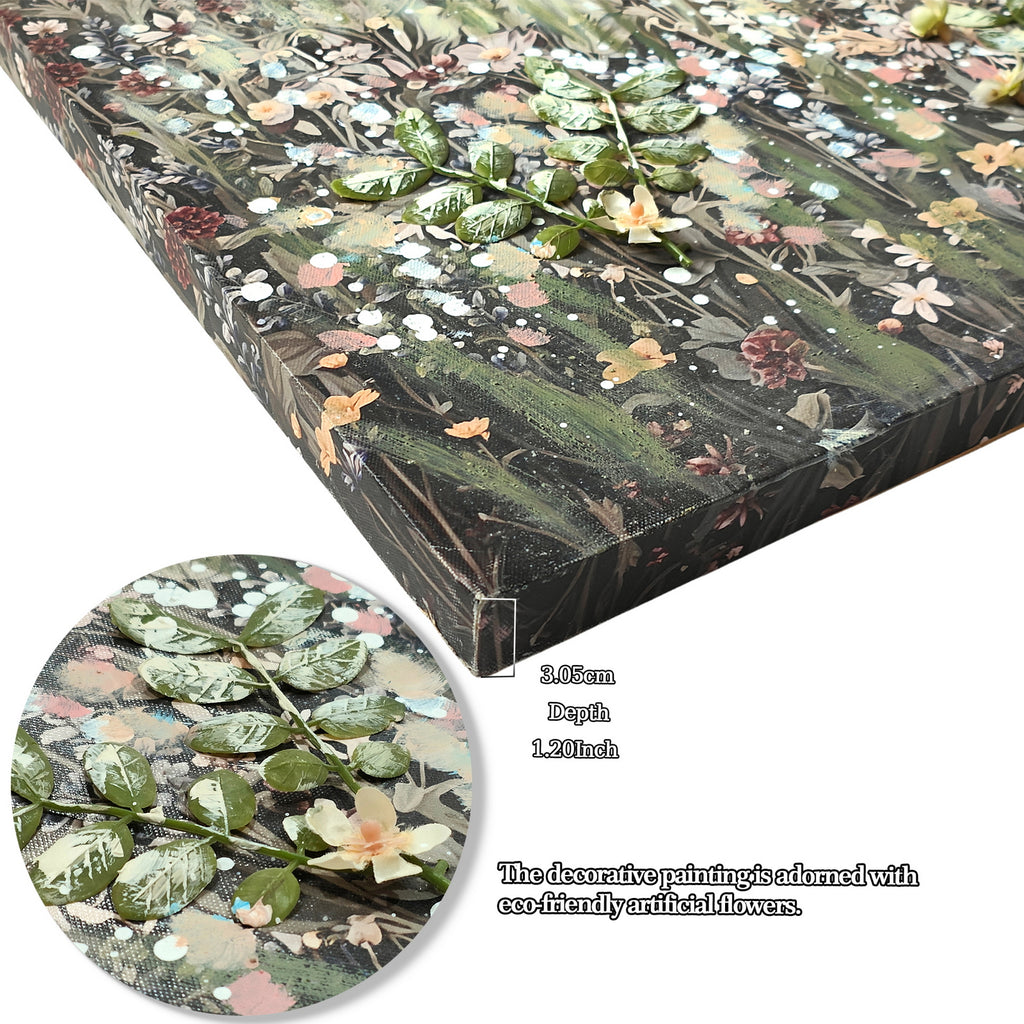 Wildflower Meadow Canvas Wall Art, 24x36 Framed Landscape Print With 3D Faux Floral Accents, Green and Ivory Farmhouse Decor
