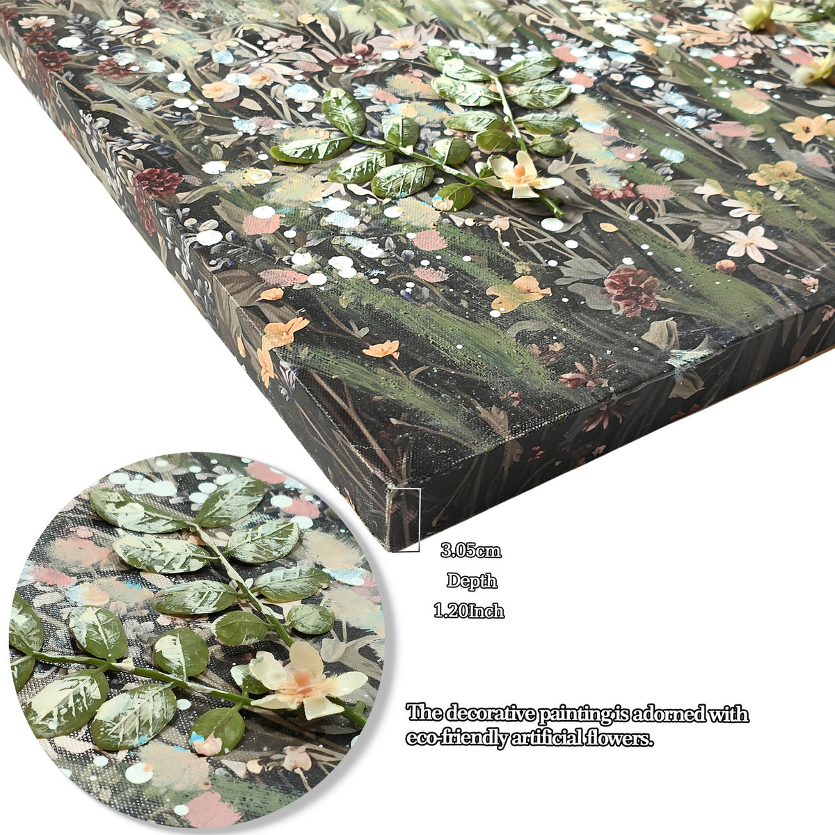 Wildflower Meadow Canvas Wall Art, 24x36 Framed Landscape Print With 3D Faux Floral Accents, Green and Ivory Farmhouse Decor