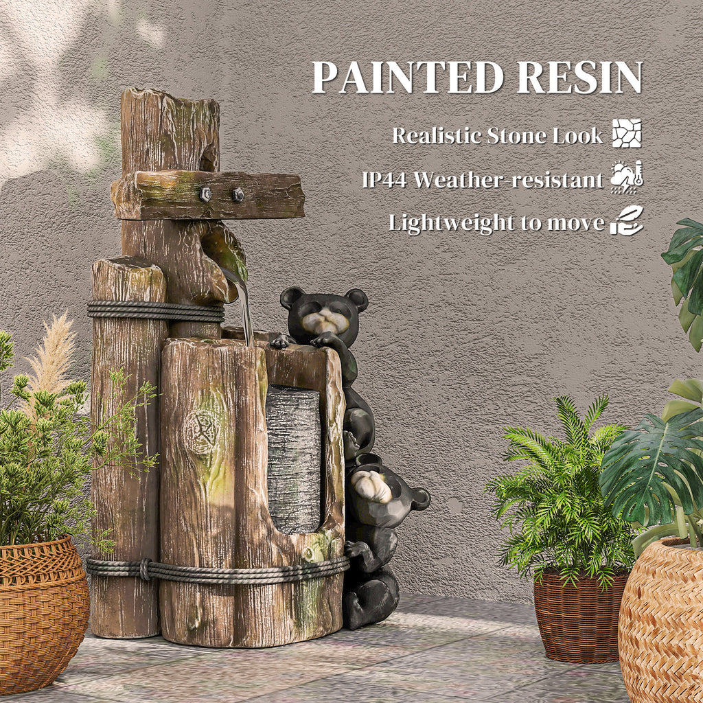 3-Tier Outdoor Water Fountain, 22.8" Resin Climbing Bears Log Waterfall with LED Lights and Pump, Brown