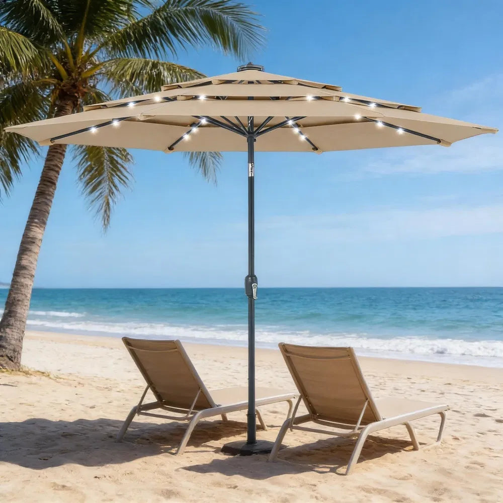 9.7 Ft Patio Umbrella with 32 Solar LED Lights, Khaki Tilting Outdoor Market Umbrella with Crank, Base Not Included