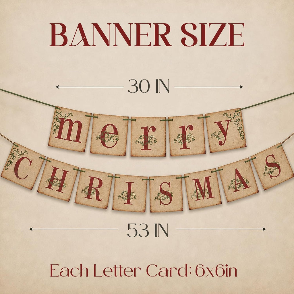 Vintage Merry Christmas Banner, Rustic Distressed Paperboard Holiday Garland for Fireplace, Mantel, and Wall Decor
