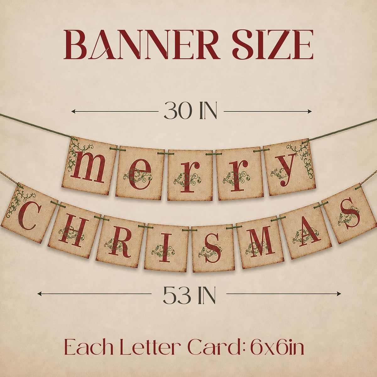 Vintage Merry Christmas Banner, Rustic Distressed Paperboard Holiday Garland for Fireplace, Mantel, and Wall Decor