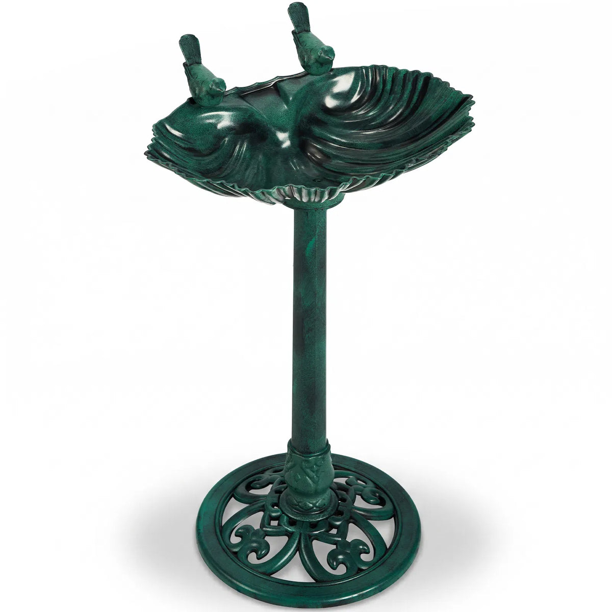 Resin Bird Bath With Solar Fountain, Dark Green Shell-Edge Basin on Pedestal, 1.4W Solar Pump, Outdoor Garden Decor