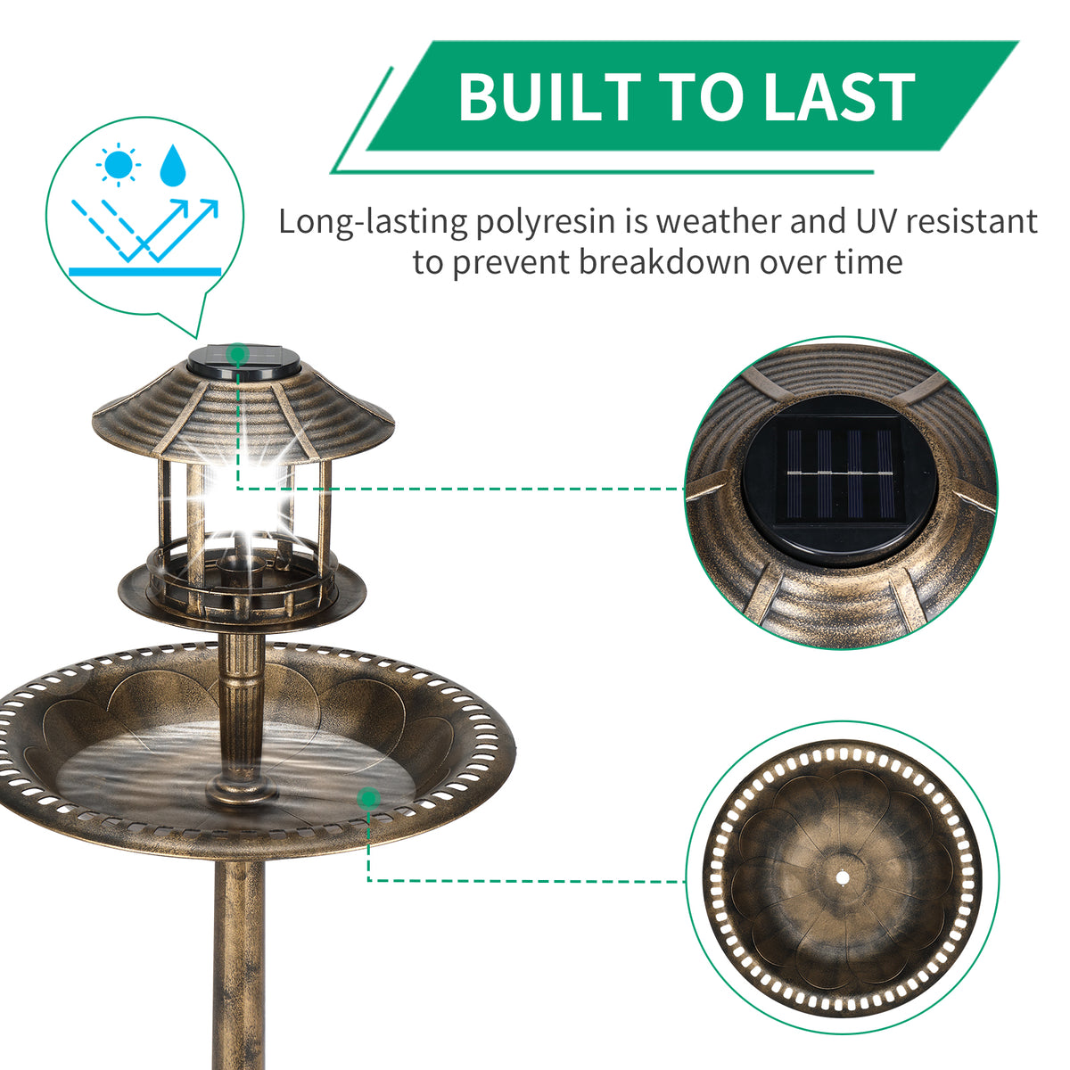 Solar Bird Bath With Light, Bronze Resin Pedestal Birdbath for Garden and Yard, 42" Tall Round Antique Style