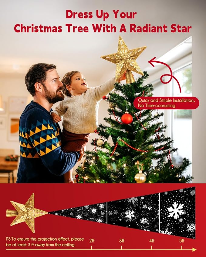 Lighted Christmas Star Tree Topper With Snowflake Projector, 10" Gold Glitter LED Treetop Light