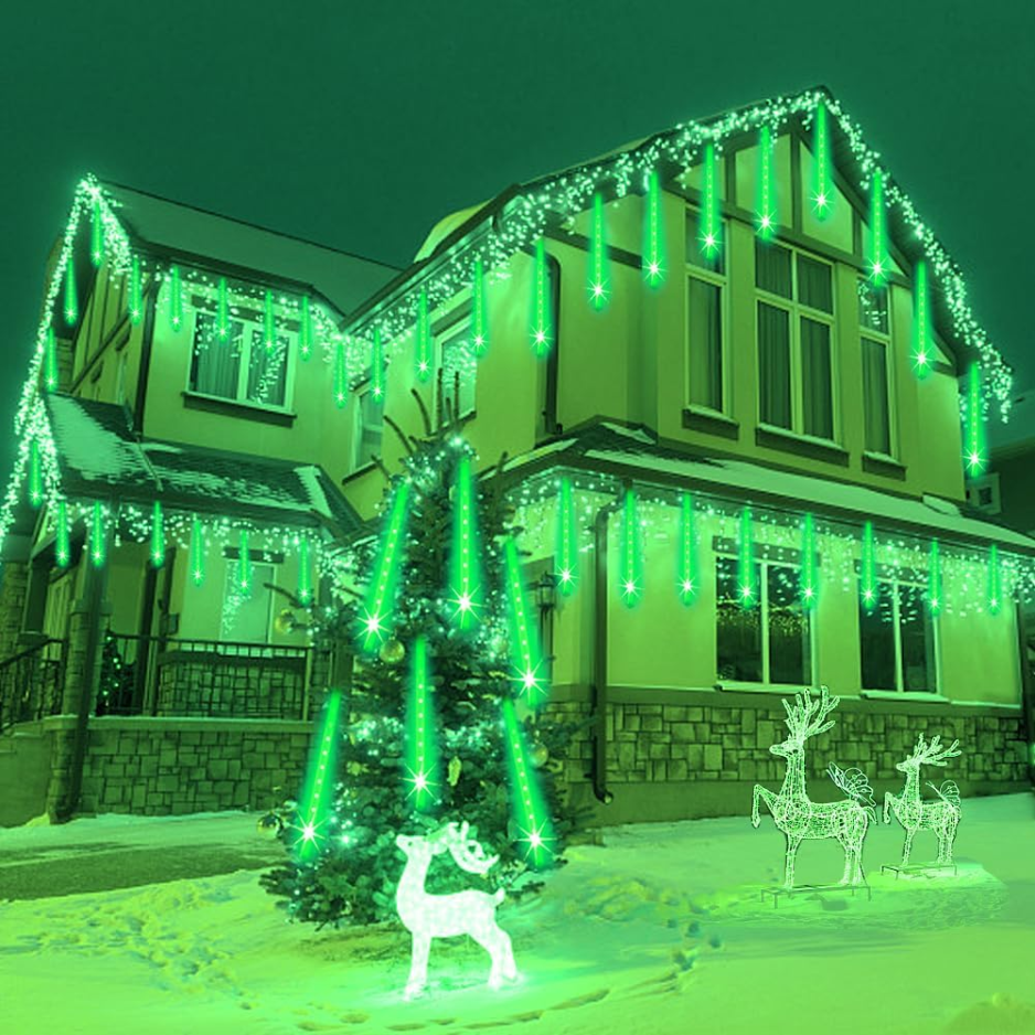 Meteor Shower Lights Outdoor, 8 Tube 192 LED Green Falling Rain Icicle String Lights for Christmas and Halloween, 12 in Tubes