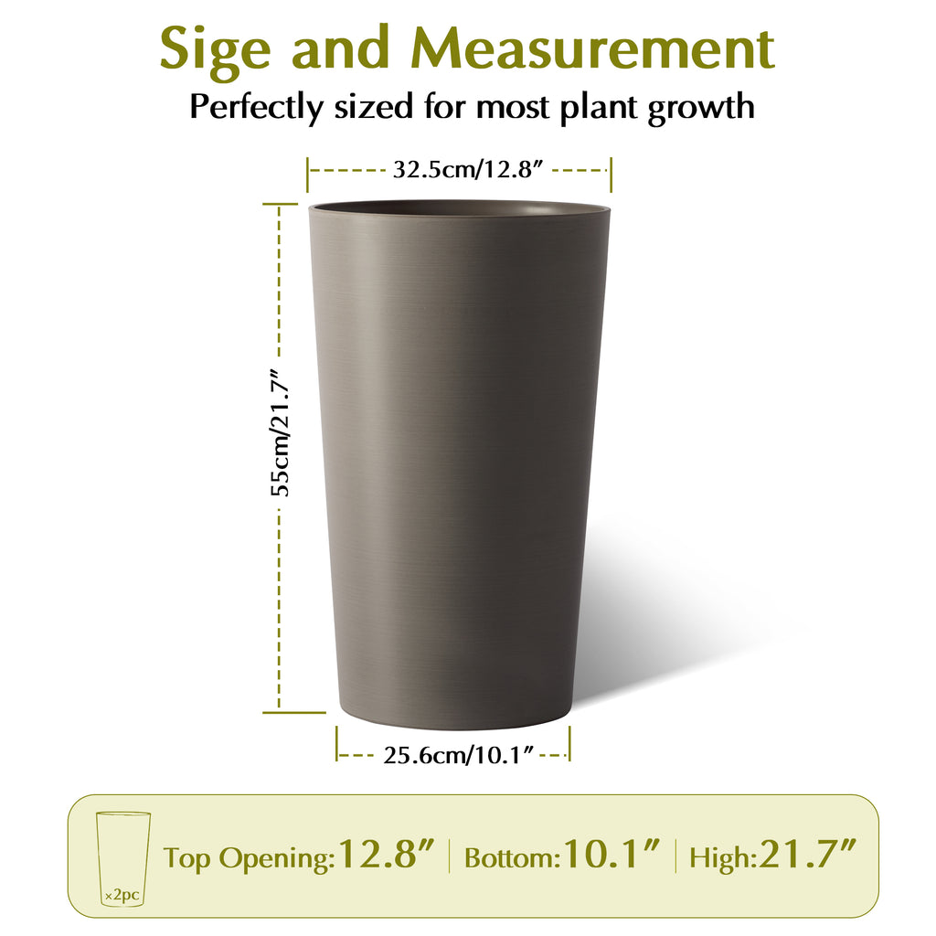 Tall Planters for Outdoor Plants, 21.7 In Brown Tapered Flower Pots, Set of 2, Modern Polypropylene Planter for Patio, Porch and Indoor Use