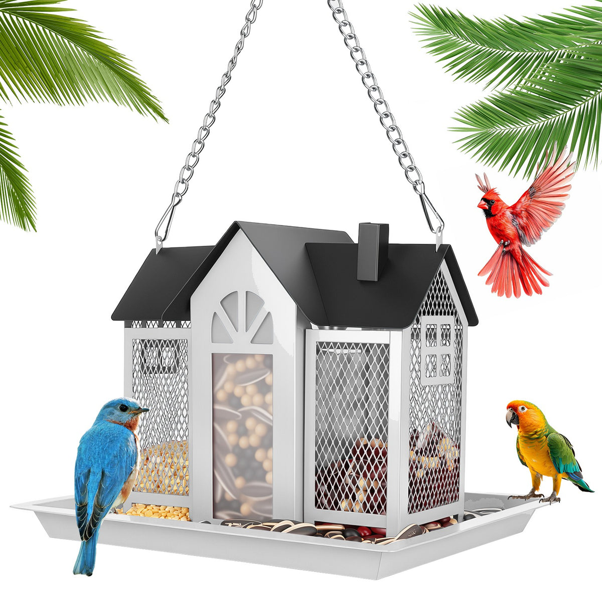 Metal Hanging Bird Feeder House, Barn Style Iron Wild Bird Seed Feeder with Visible Window and Lift-Top Lid, 15.75 in Chain, White or Red