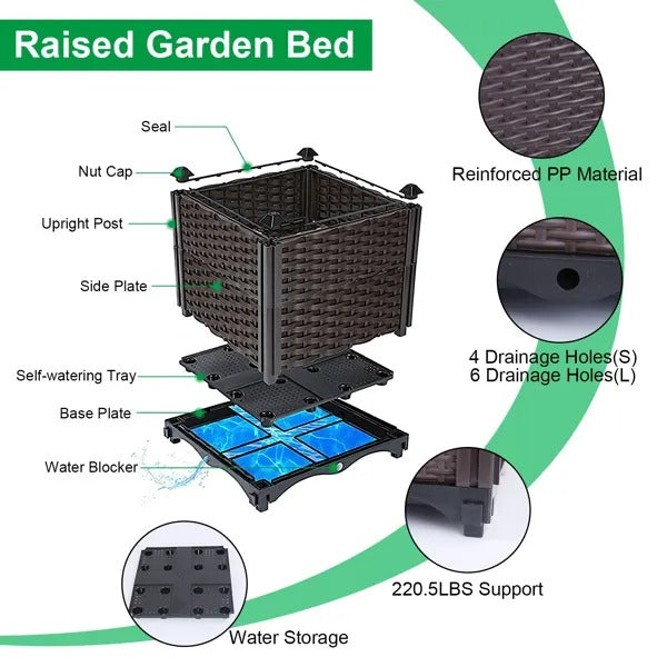 Raised Garden Bed Planter Box, Brown Self-Watering Elevated Plastic Planter for Patio, Balcony and Deck, 11.8 x 11.8 x 13.8 in