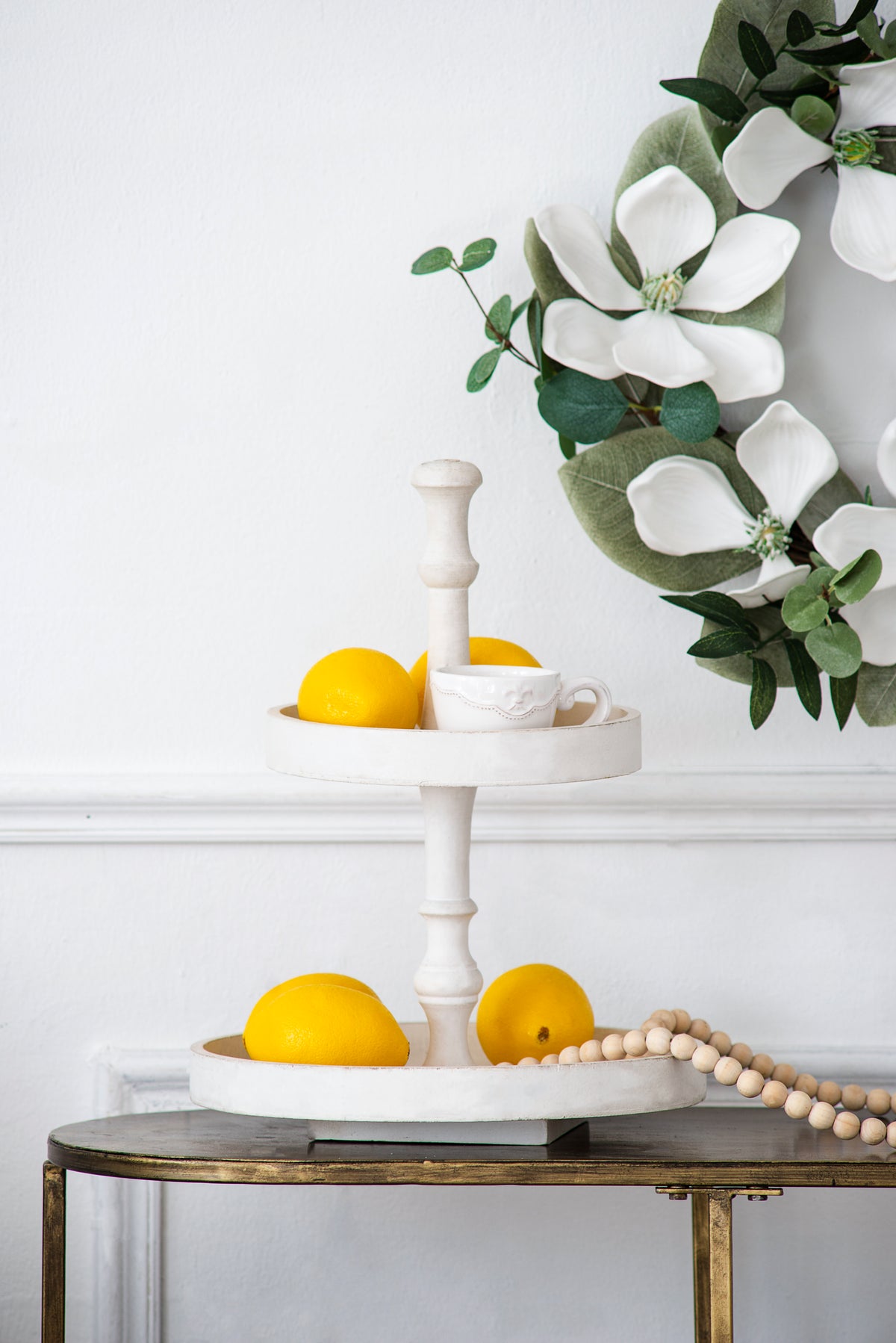 Two-Tiered Round Wooden Tray, White Farmhouse Tiered Serving Stand, 11.8 x 15.4 in.
