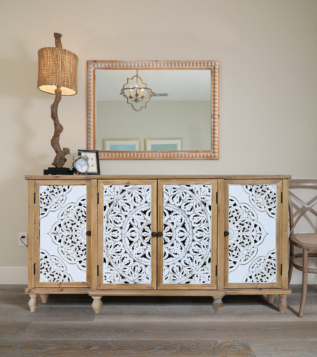 Beaded Wood Frame Wall Mirror, 22 x 30 Inch Rectangle Farmhouse Vanity Mirror in Antique Natural