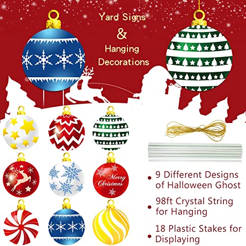 Christmas Ball Yard Signs, 9 Piece Outdoor Ornament Decorations With Stakes and Hanging Cord, Double-Sided PVC