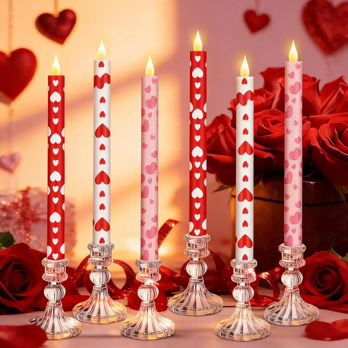 Flameless Taper Candles, Set of 6 Valentine Heart LED Candlesticks in Red, Pink and White, 10.6 Inch Battery Operated Candles