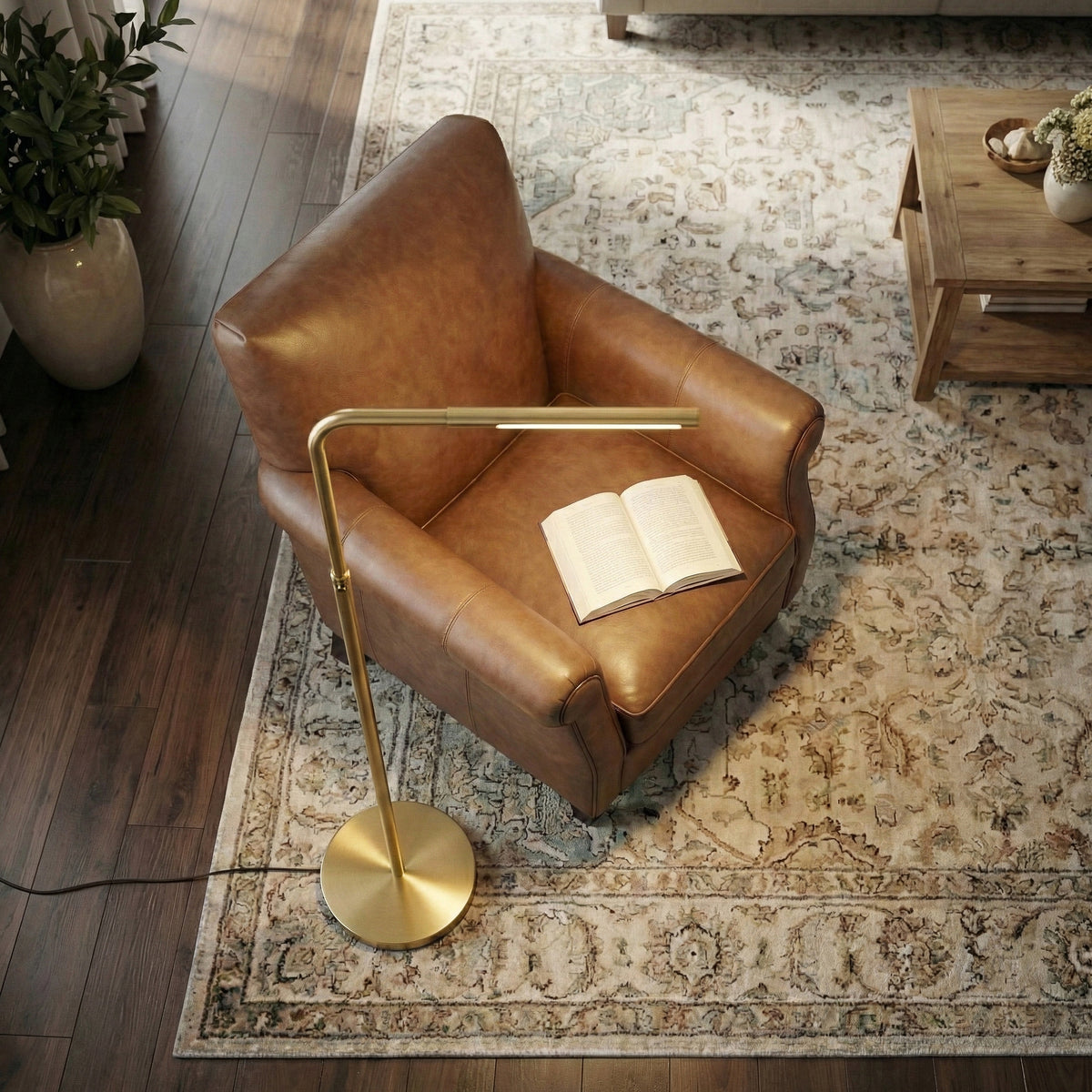 LED Floor Lamp With Adjustable Height, Brass Gold Metal Reading Lamp With On/Off Switch, 63 in.