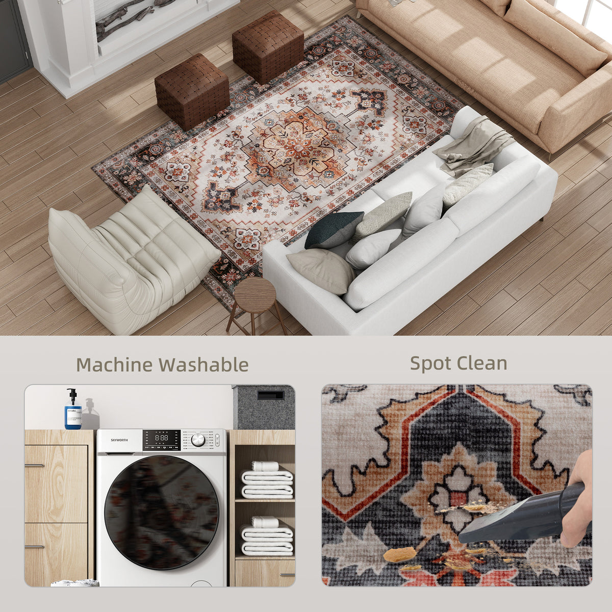 Washable Area Rug 5x7 Ft, Tawny Brown Boho Medallion Non-Slip Polyester Rug for Living Room and Bedroom