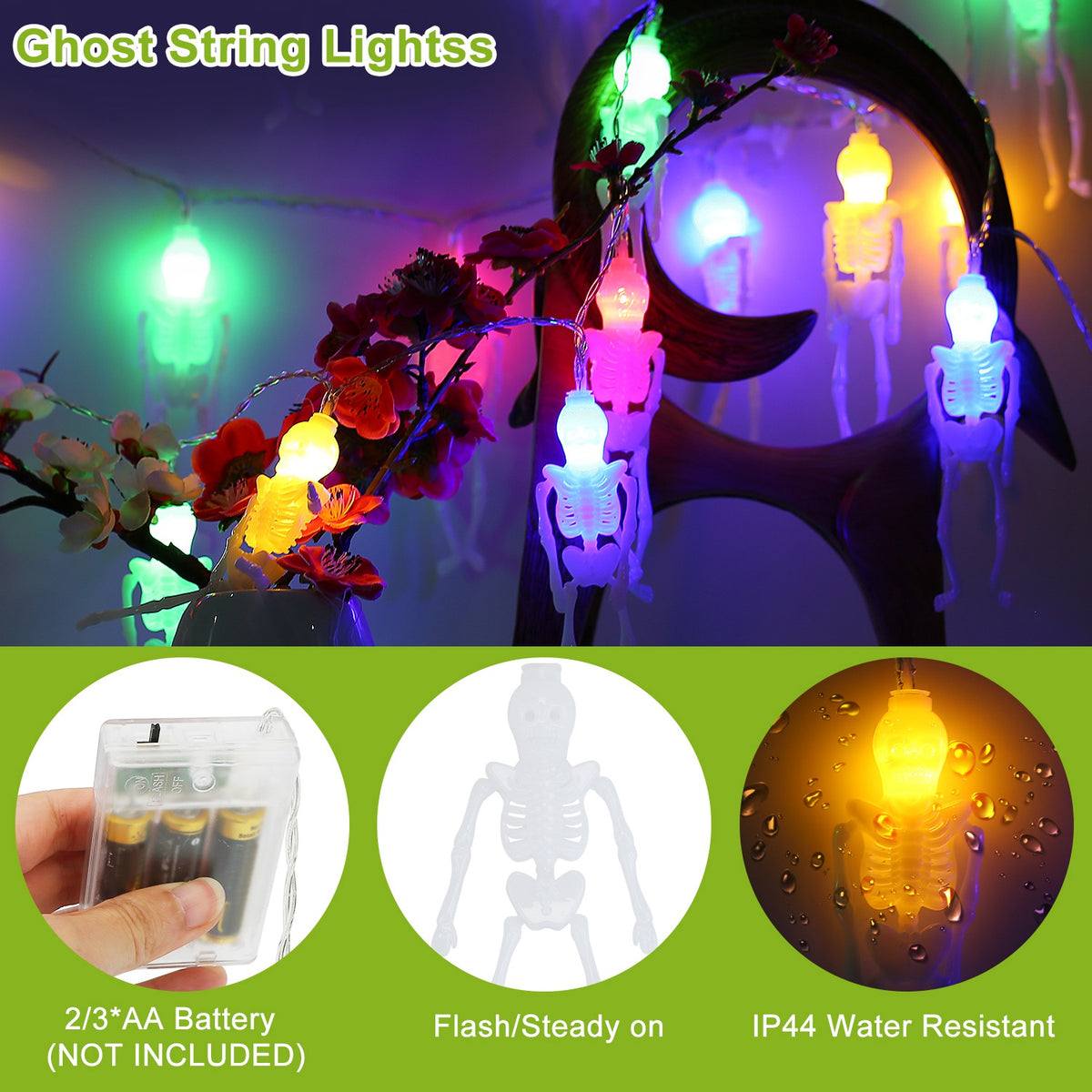 Halloween String Lights Set of 3, 50 LED 24 ft Skeleton, Skull and Spooky Hand Lights, Battery Operated Indoor Outdoor Decor