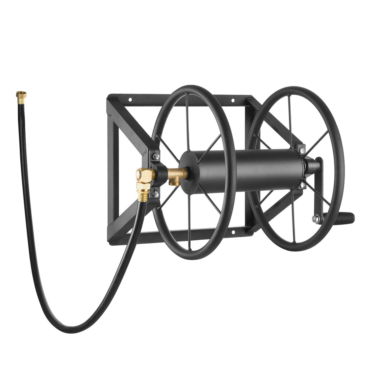 Wall Mounted Garden Hose Reel, Black Metal Manual Hose Winder With Brass Fitting, Holds Up to 200 ft