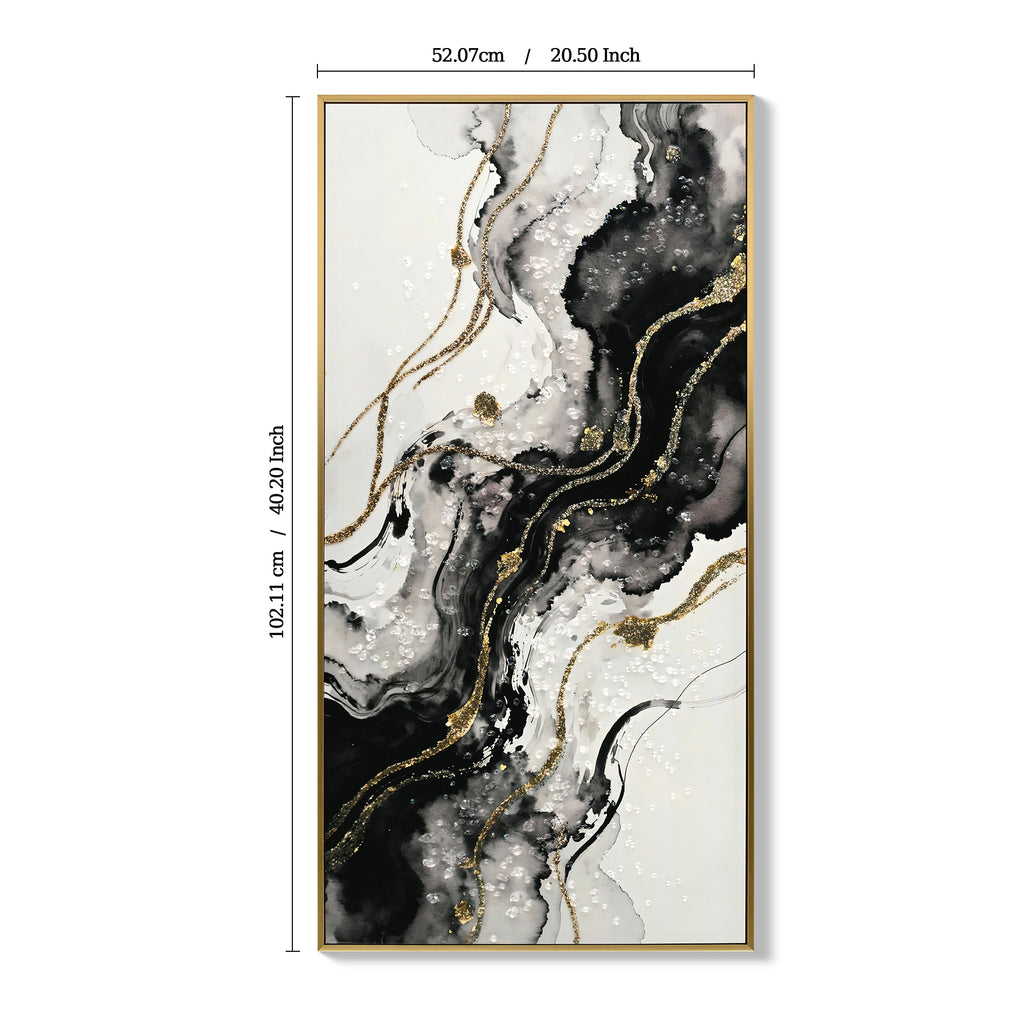 Large Framed Abstract Wall Art, Set of 2 Black White and Gold Canvas Prints, 20 x 40 In Hand-Painted Modern Decor