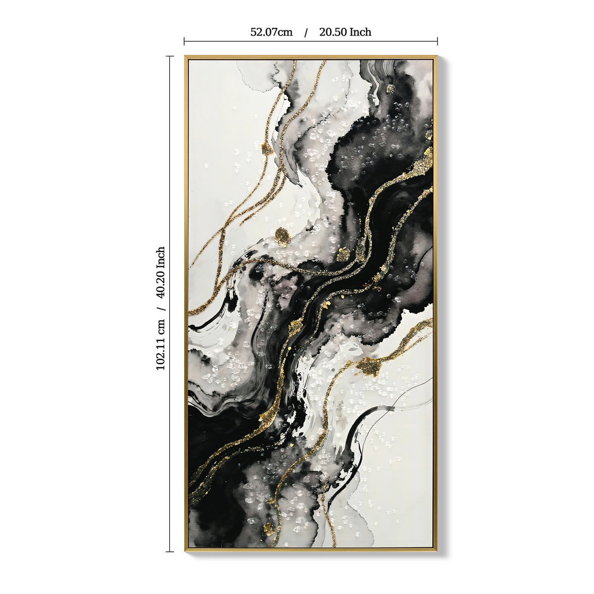 Large Framed Abstract Wall Art, Set of 2 Black White and Gold Canvas Prints, 20 x 40 In Hand-Painted Modern Decor