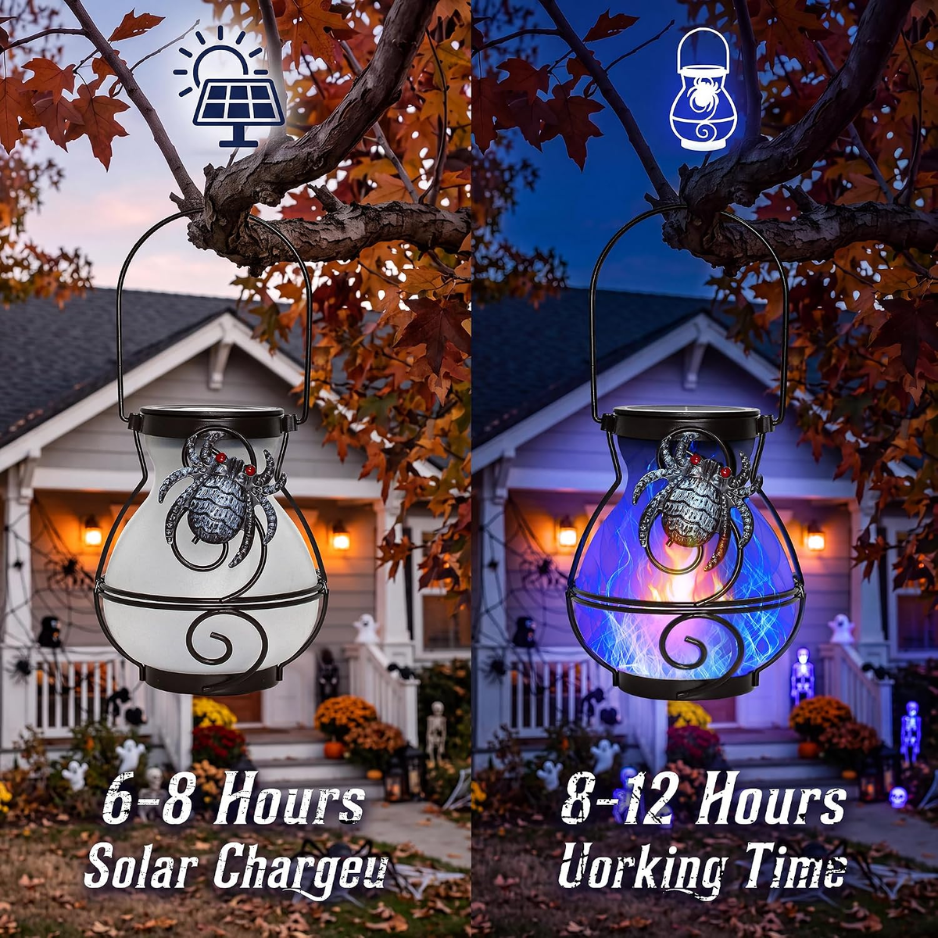 Halloween Solar Spider Lanterns, 2 Pack Hanging Outdoor Lights With Flickering Blue Flame, Waterproof Patio Decor