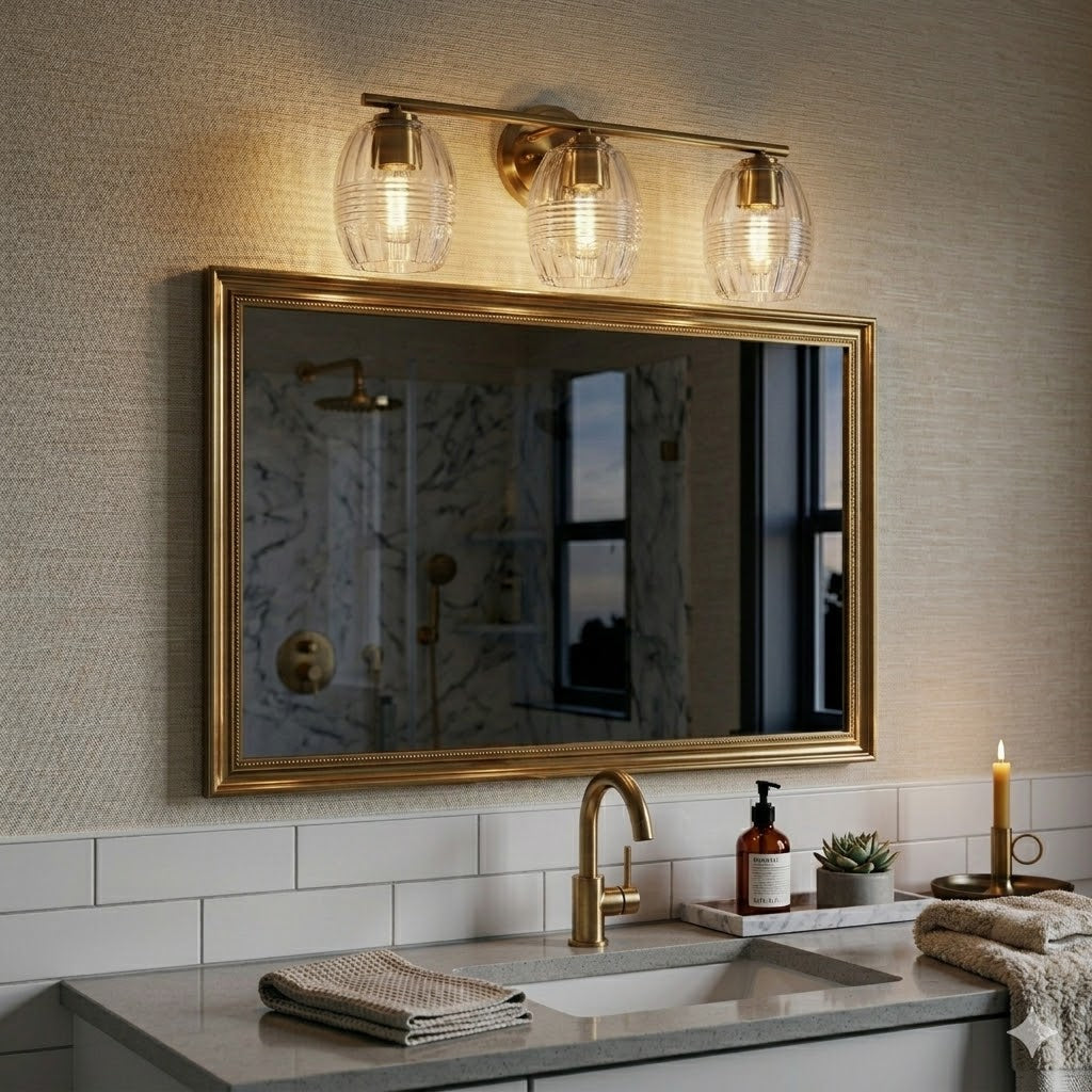 3-Light Bathroom Vanity Light, Satin Brass Wall Sconce With Clear Ribbed Glass Dome Shades, 22 in.