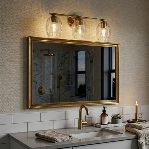 3-Light Bathroom Vanity Light, Satin Brass Wall Sconce With Clear Ribbed Glass Dome Shades, 22 in.