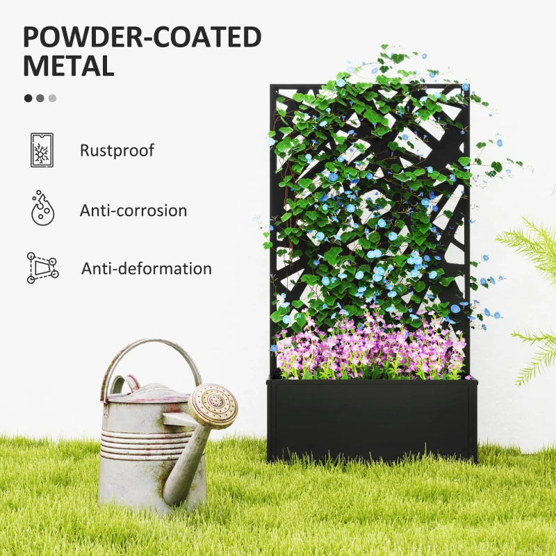 Metal Raised Garden Bed Planter Box With Trellis Privacy Screen, Black, Wall-Mounted or Freestanding, 24" x 9.1" x 44.5"