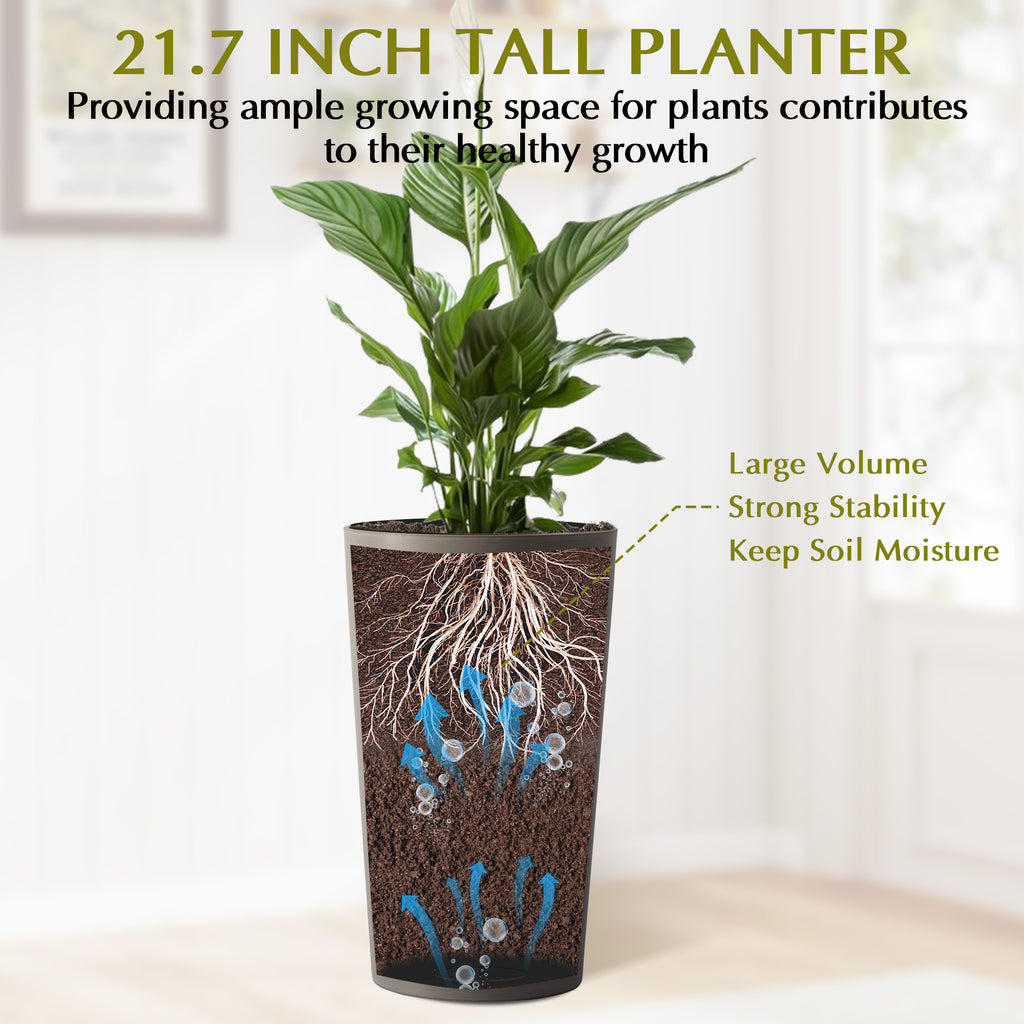 Tall Planters for Outdoor Plants, 21.7 In Brown Tapered Flower Pots, Set of 2, Modern Polypropylene Planter for Patio, Porch and Indoor Use
