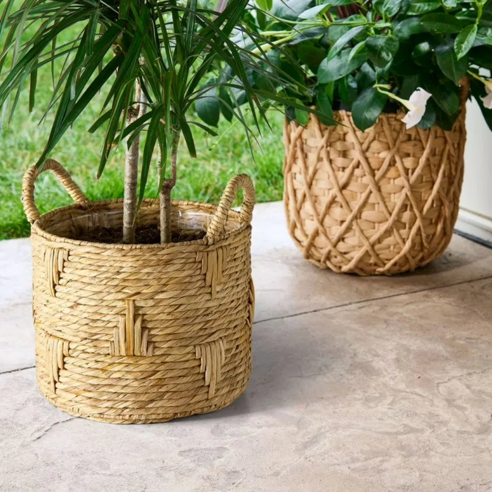 Round Bulrush Basket Planter With Handles, 12 Inch Handwoven Natural Woven Plant Basket